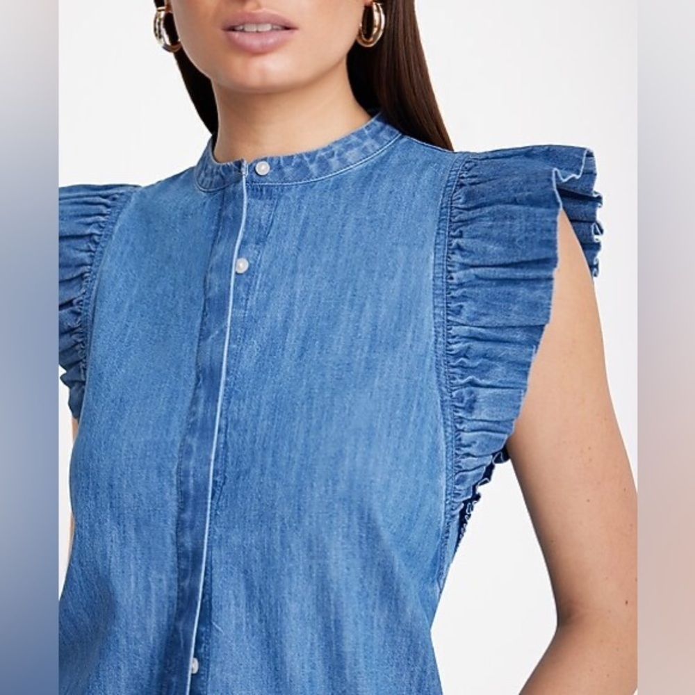 Express Denim Flutter Blue Ruffle Sleeve Button Up Blouse Sz S - Picture 3 of 13